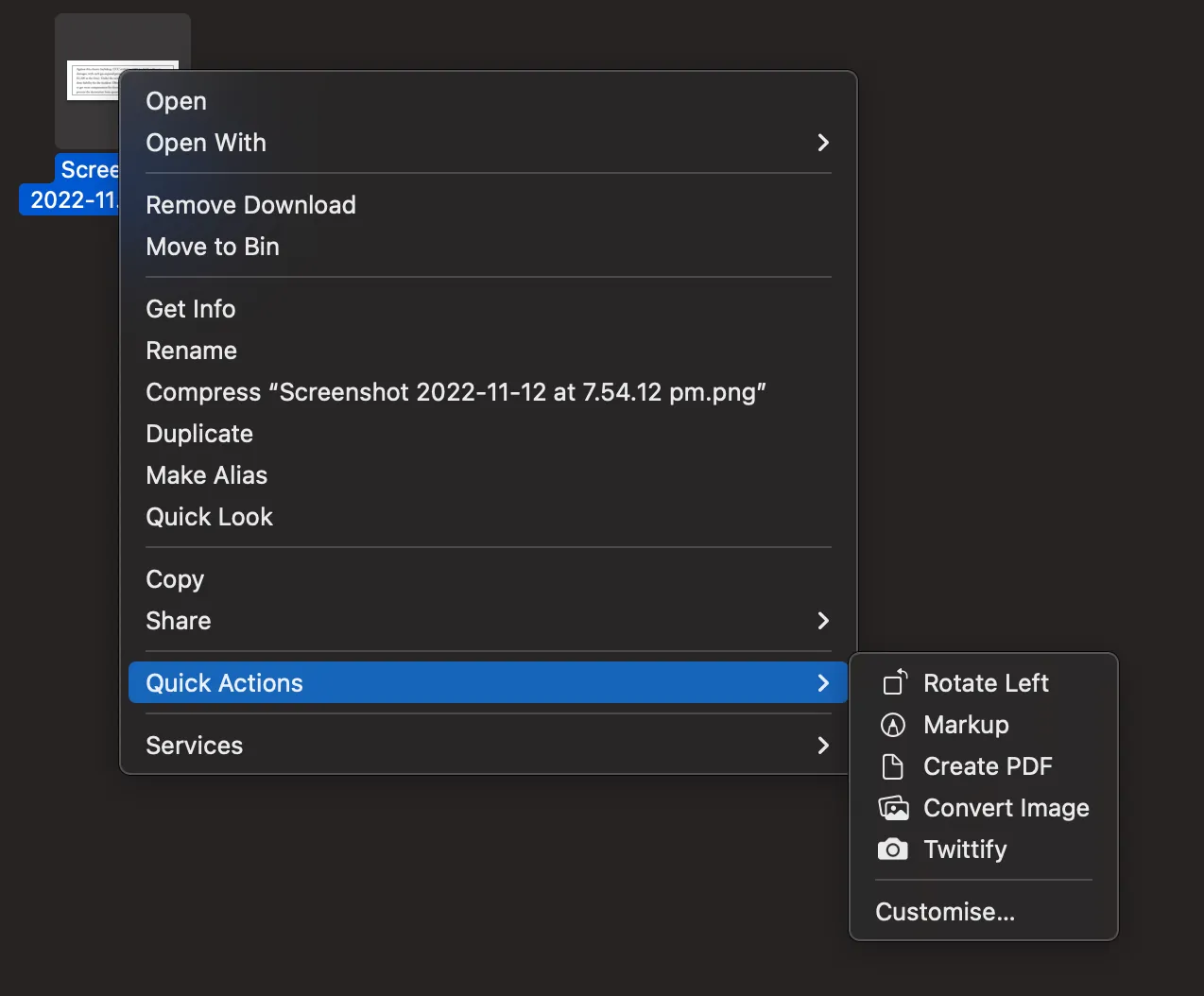 Context menu showing our new quick action